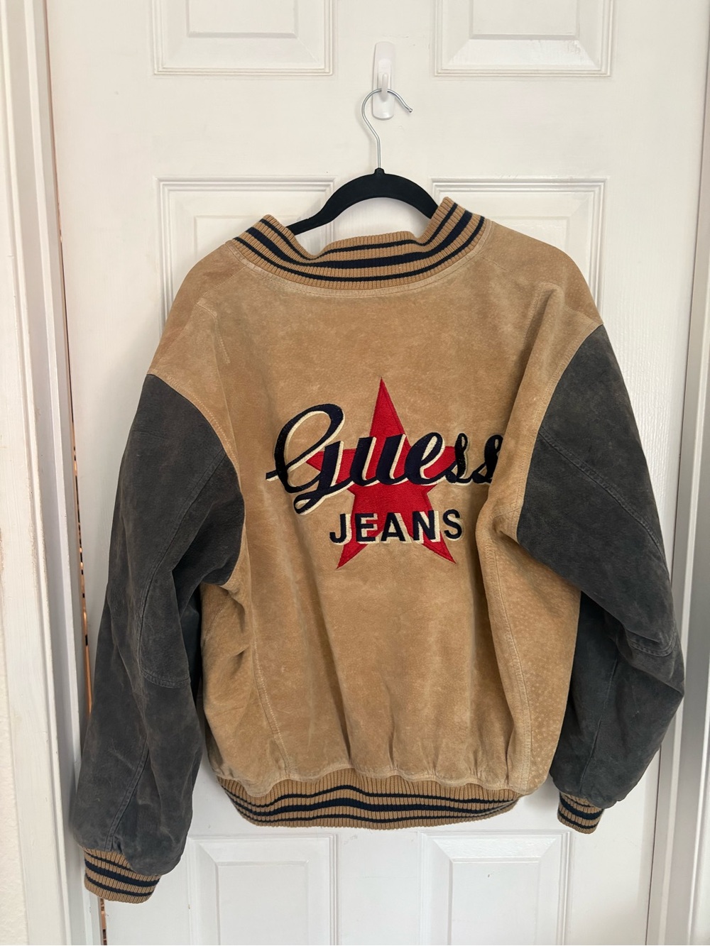 Guess Two-Tone Suede Jacket in Tan & Charcoal with Red Star